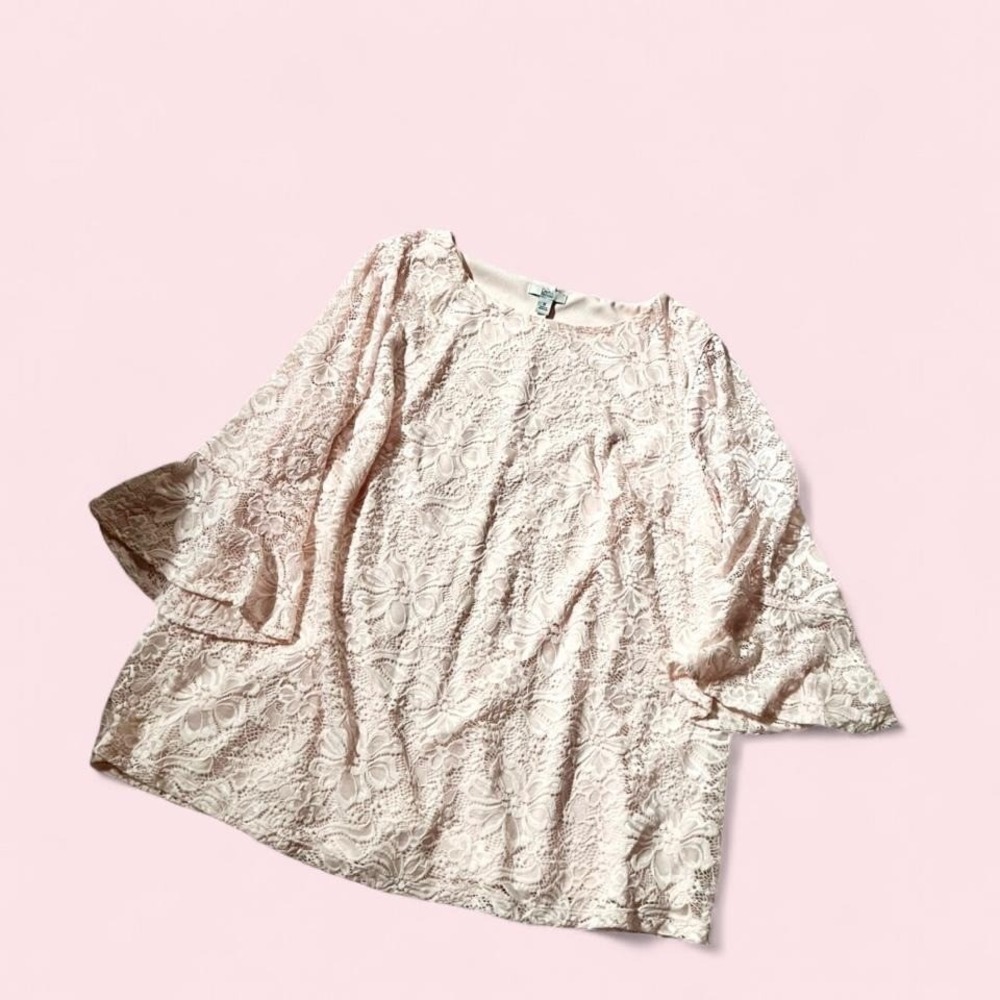Pink Lace Feminine Coquette Twee Soft Girl Bell Sleeve Top Woman's 1X Fairy Core